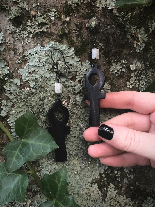 Eternal Earrings | Bone Ankh + Moonstone/Black Tourmaline Earrings