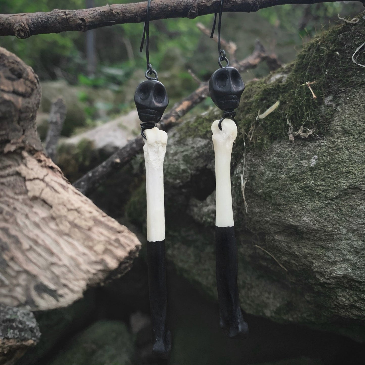 Mori Earrings | Hand-Painted Coyote Bones + Black Howlite Skulls