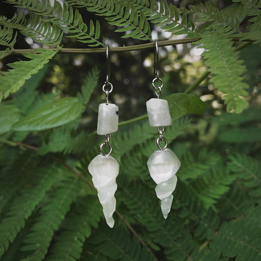 Celestial Earrings | Moonstone + Selenite Spiral Earrings