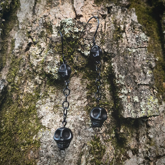 Double Skull Earrings | Black Howlite + Chain
